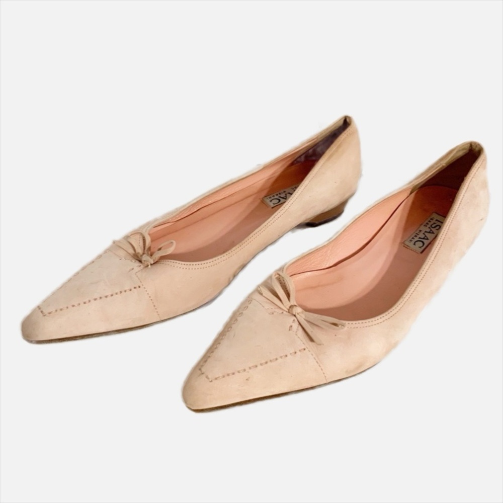 Isaac Isaac Mizrahi Pointed Toe Blush Pink Suede Flats Bow Detailing Stitching